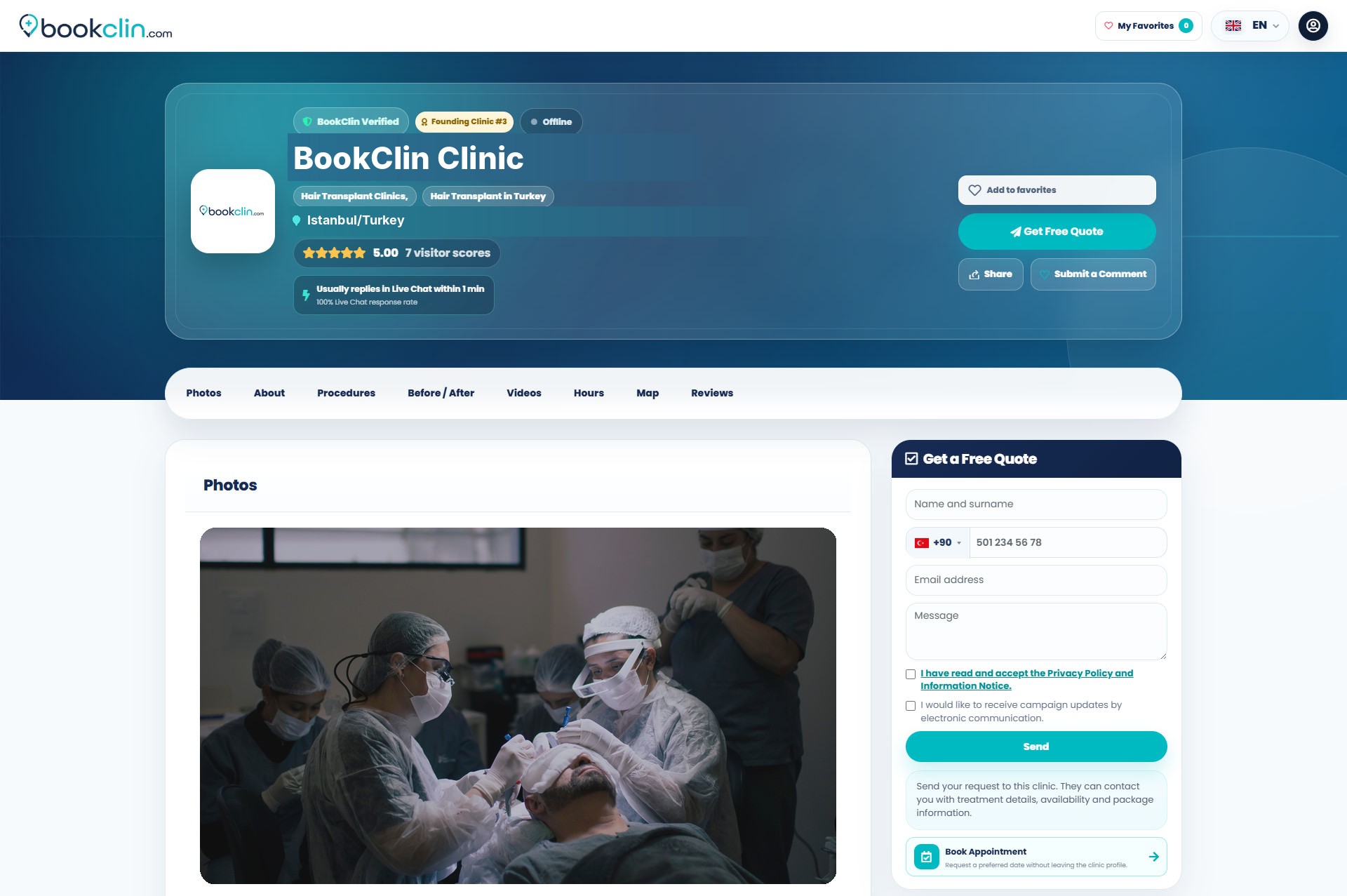 BookClin Clinic live profile preview